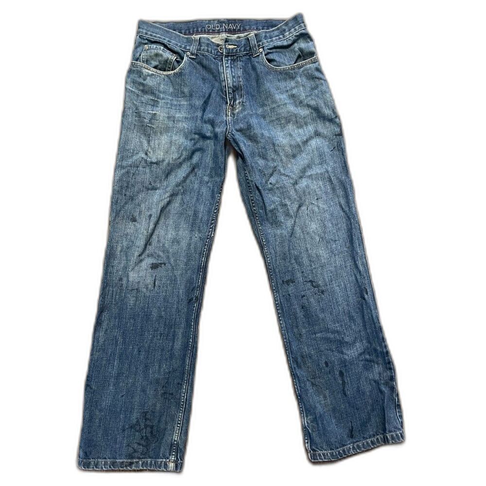 Men's Old Navy Loose Fit Blue Distressed Denim Jeans 100% Cotton SIZE 32/32